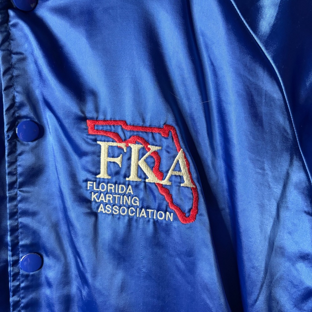 Vintage Florida Karting Association Cardinal Blue Satin Bomber Jacket Mens M - Picture 2 of 9